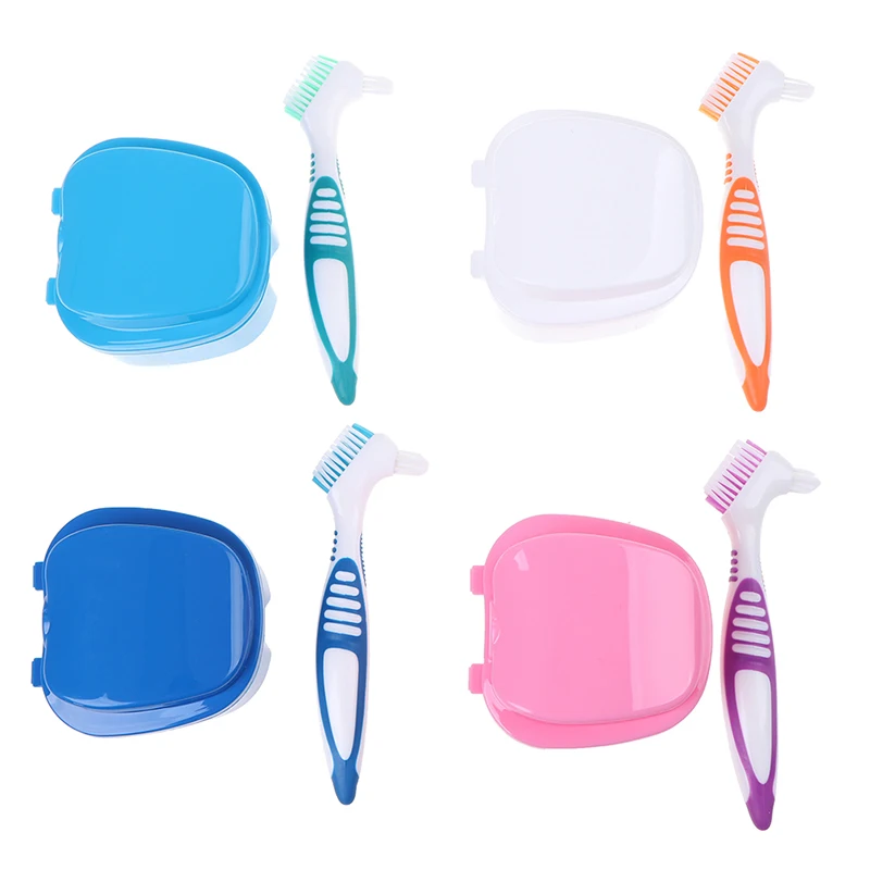 1set Denture Box And Brush Set Retainer Cleanning Denture Case Brush Toothbrush high quality