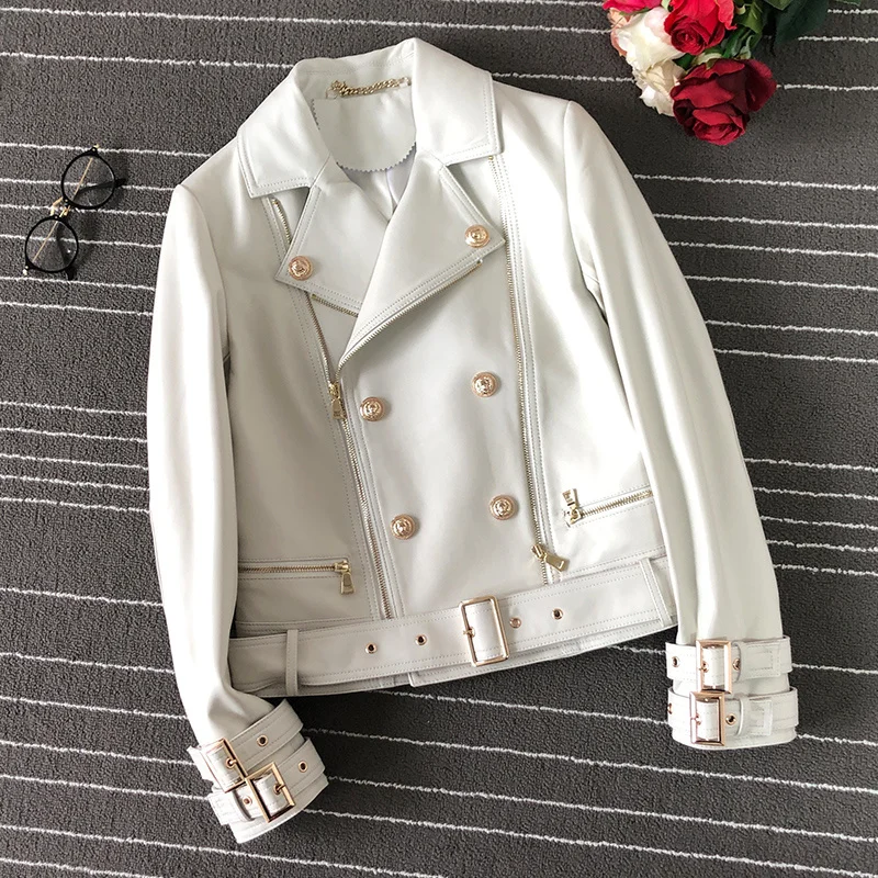 Luxury Brand Designer Women's Real Sheepskin Genuine Leather Jackets Coats Motorcycle Biker White Black Clothing Tops Plus Size