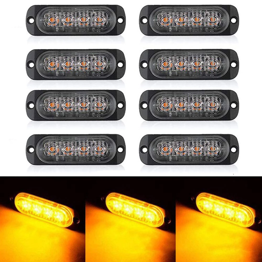 

8PCS 4LED 12V 24V Car Truck Van Warning Strobe Light Emergency Flash LED Bar Amber Yellow Off Road SUV Auto Moto Beacon Lamp