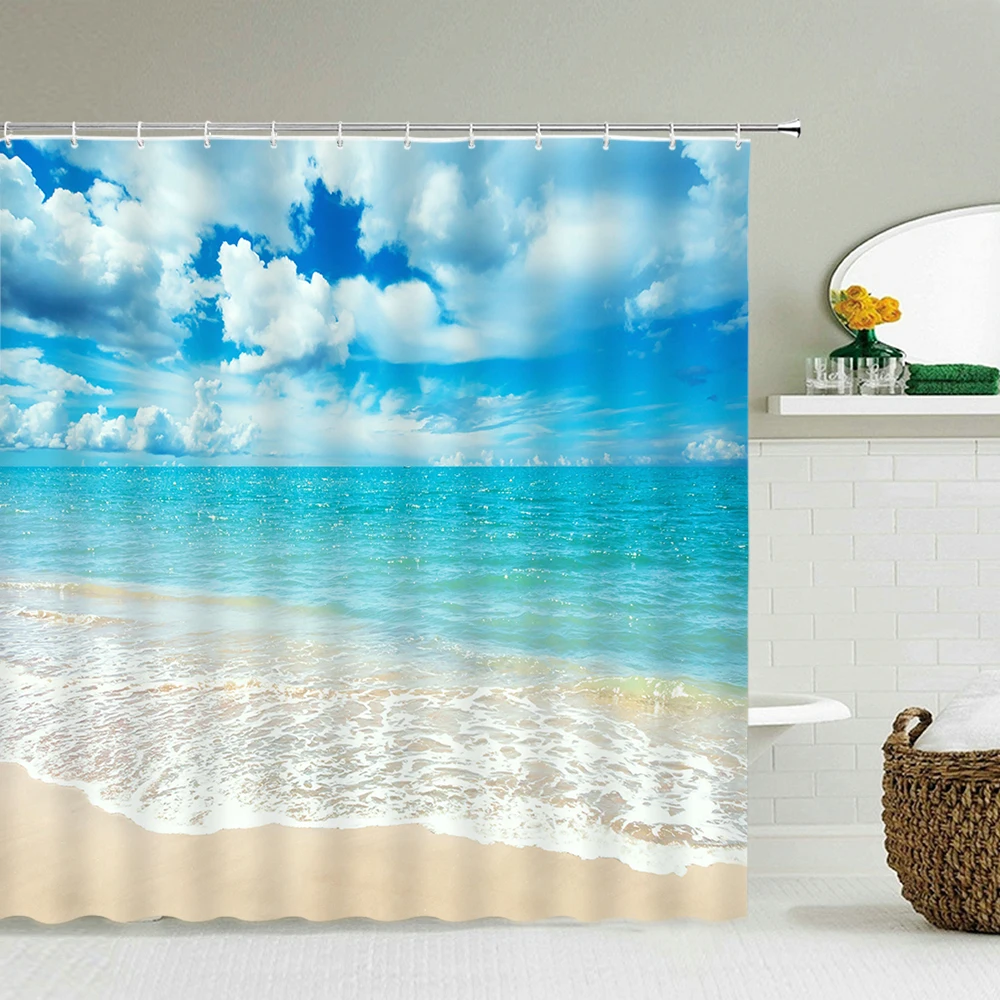 Beach Sea Palm Trees Shower Curtains Scenery Waterproof 3d Bathroom Curtains With Hooks Home Decoration Washable Bath Screen