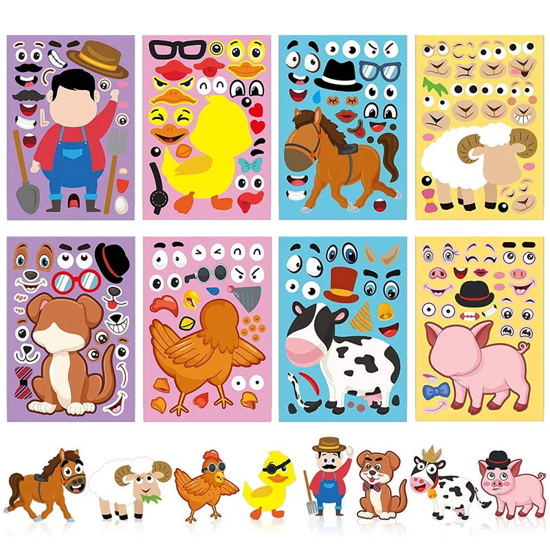 8 Sheets Puzzle Games Kids Stickers DIY Funny Make A Face Dinosaur Animal Monsters Cartoon Sticker Education Toys Pegatinas