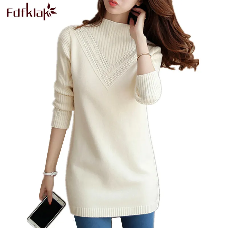 Fdfklak primavera otoño nuevo suéter de cuello alto mujeres coreano suelto medio largo grueso Top de punto Jersey suéteres de fondo Pull