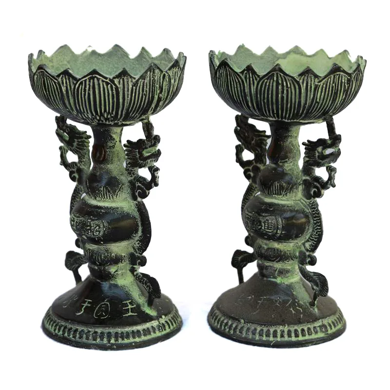 Antique bronzes ware antique decorations lotus lamps double dragon candlesticks pair handicrafts bronze rust reflux inscription