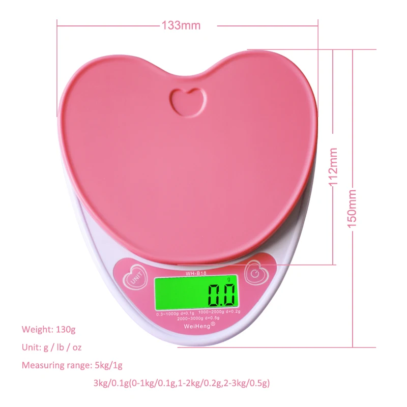Balança digital de cozinha de alta precisão, 5kg/1g com retroiluminação alimentos em formato de coração rosa balança eletrônica g/lb/oz
