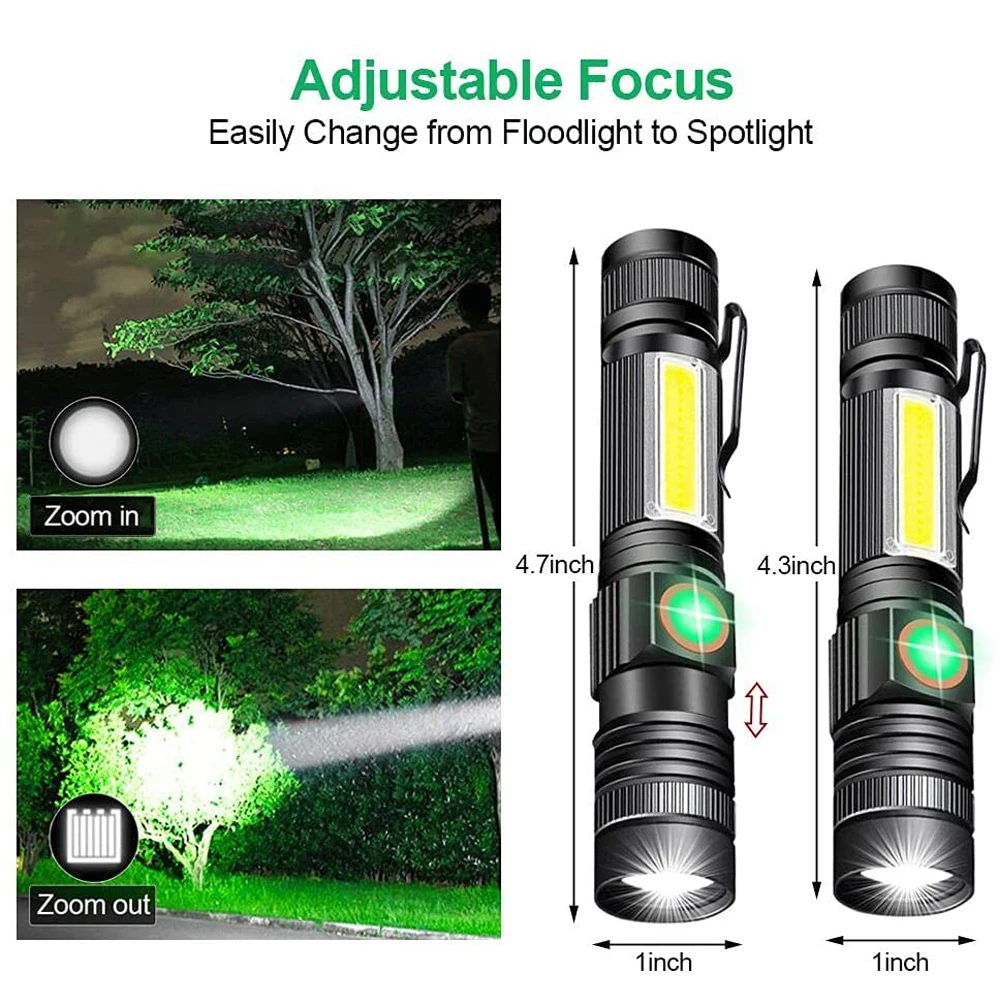 Powerful XHP50/T6 LED Flashlight Waterproof COB Torch with Tail Magnet Zoomable Camping Lantern 2600mAh 18650 USB Work Light