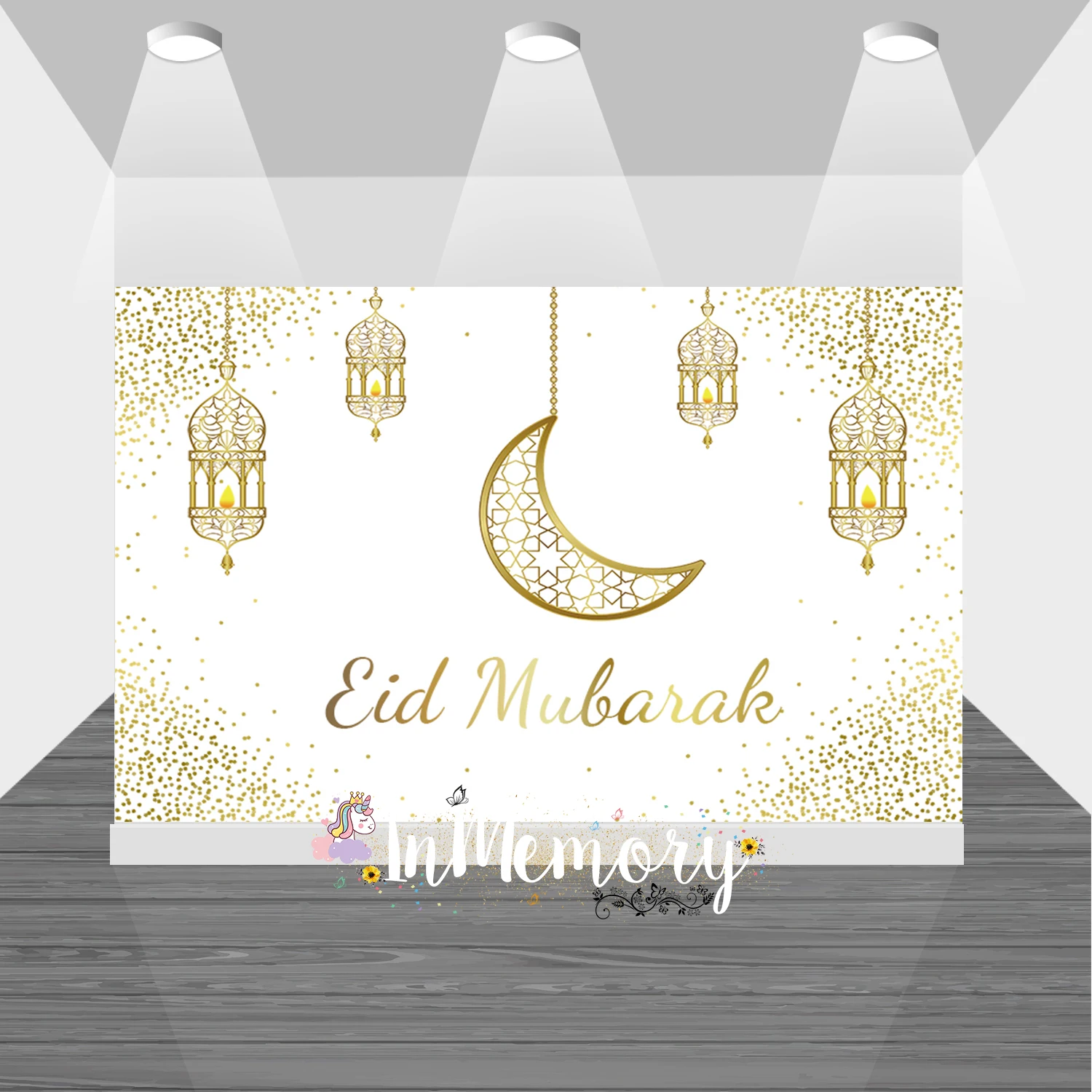 Eid Mubarak Poster Ronde Achtergrond Golden Dots Maan Islamitische Moskee Lampen Ramadan Kareem Interieur Behang Foto Achtergrond