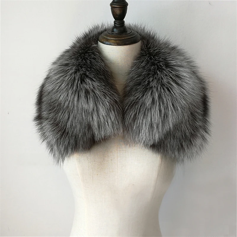 Winter 100% Natural Real Silver Fox Fur Scarf Square Collar Women Red Fox Fur Short Scarves Thick Warm Detachable Muffler Shawl