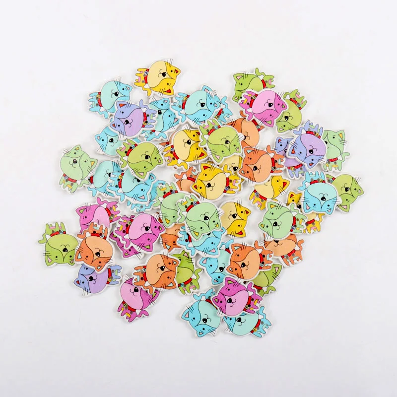 30pcs Wholesale Natural Wooden Buttons Colorful Mixed cat Scrapbook Sewing Accessories DIY Craft 24x24mm