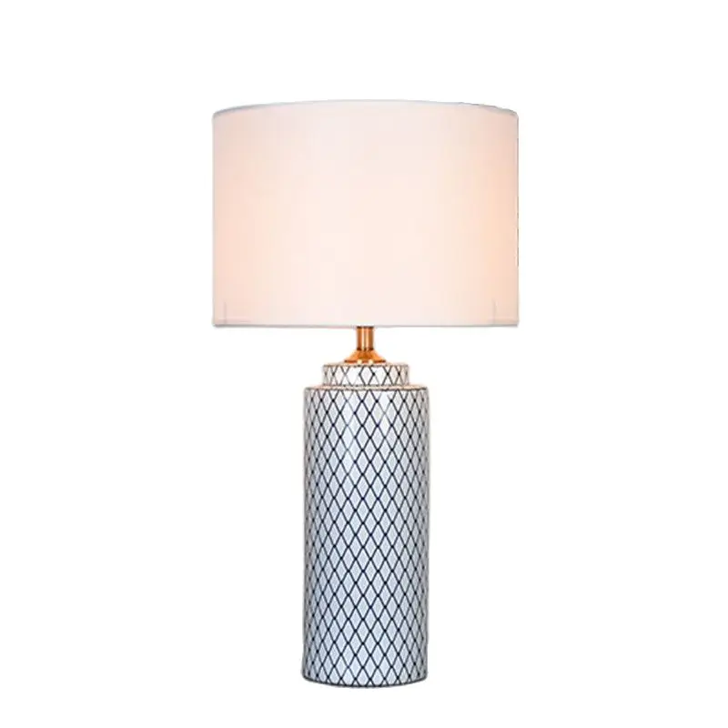 White Lattice Plaid Cylinder Ceramic Table Lamp Hall Bed Room Foyer Study Desk Reading Light TD079