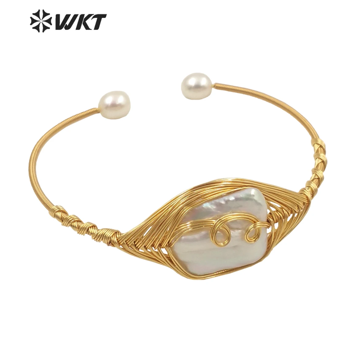 

WT-MPB037 Wholesale Women Gorgeous Handmade Wire Wrapped Pearl Bangle In Adjustable Size Resist Tarnishable Baroque Fine ACC