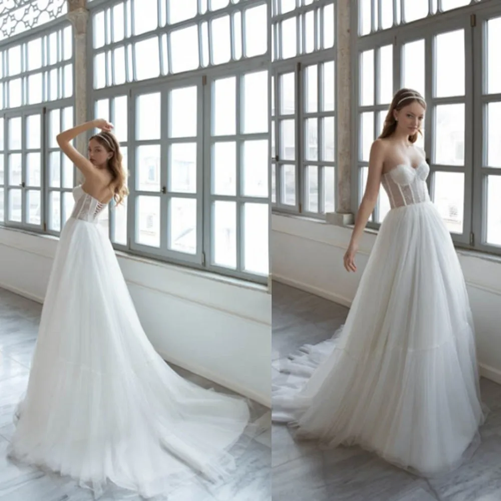 2020 สายชุดแต่งงาน Sweetheart ลูกไม้ Appliques ชุดเจ้าสาว LACE-up Back Sweep Train Wedding DRESS