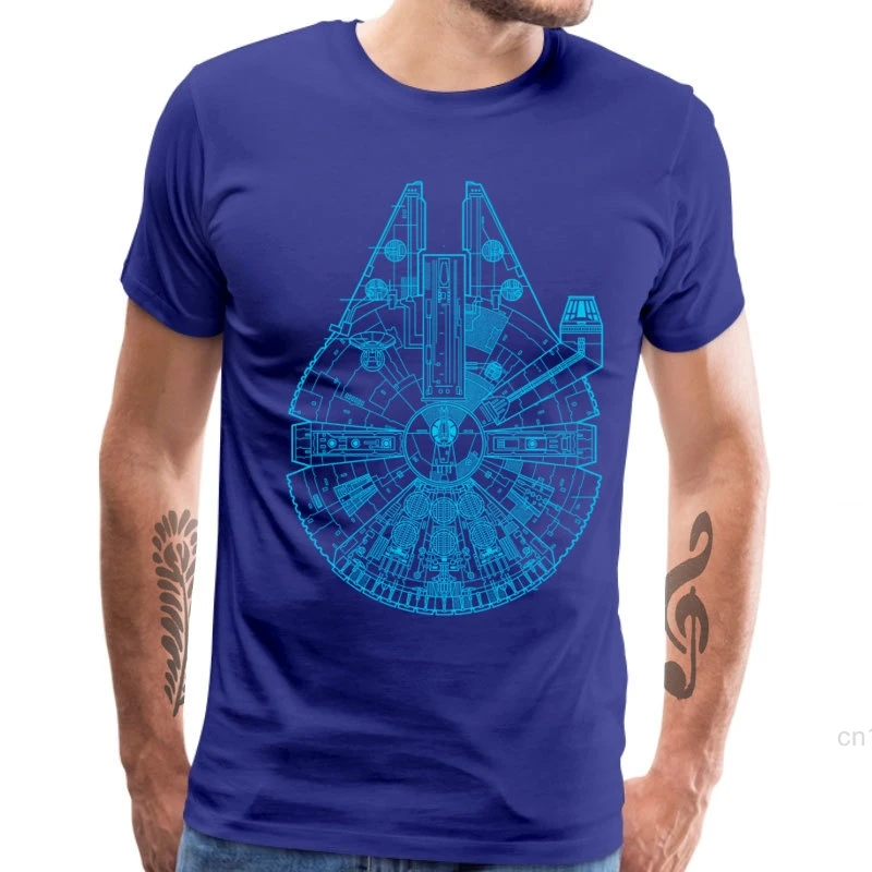 Gift T Shirt Men Millenium Falcon Blueprint Tshirt 100% Cotton Father Day Tees Retro Geometric Spaceship Print Clothes