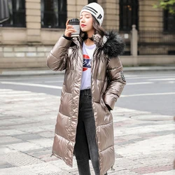 Fur Collar X-long Winter Jacket Women Solid Hooded Korean Style Parkas Female Plus Size Hooded With Epaulet Shiny Thick Outwear