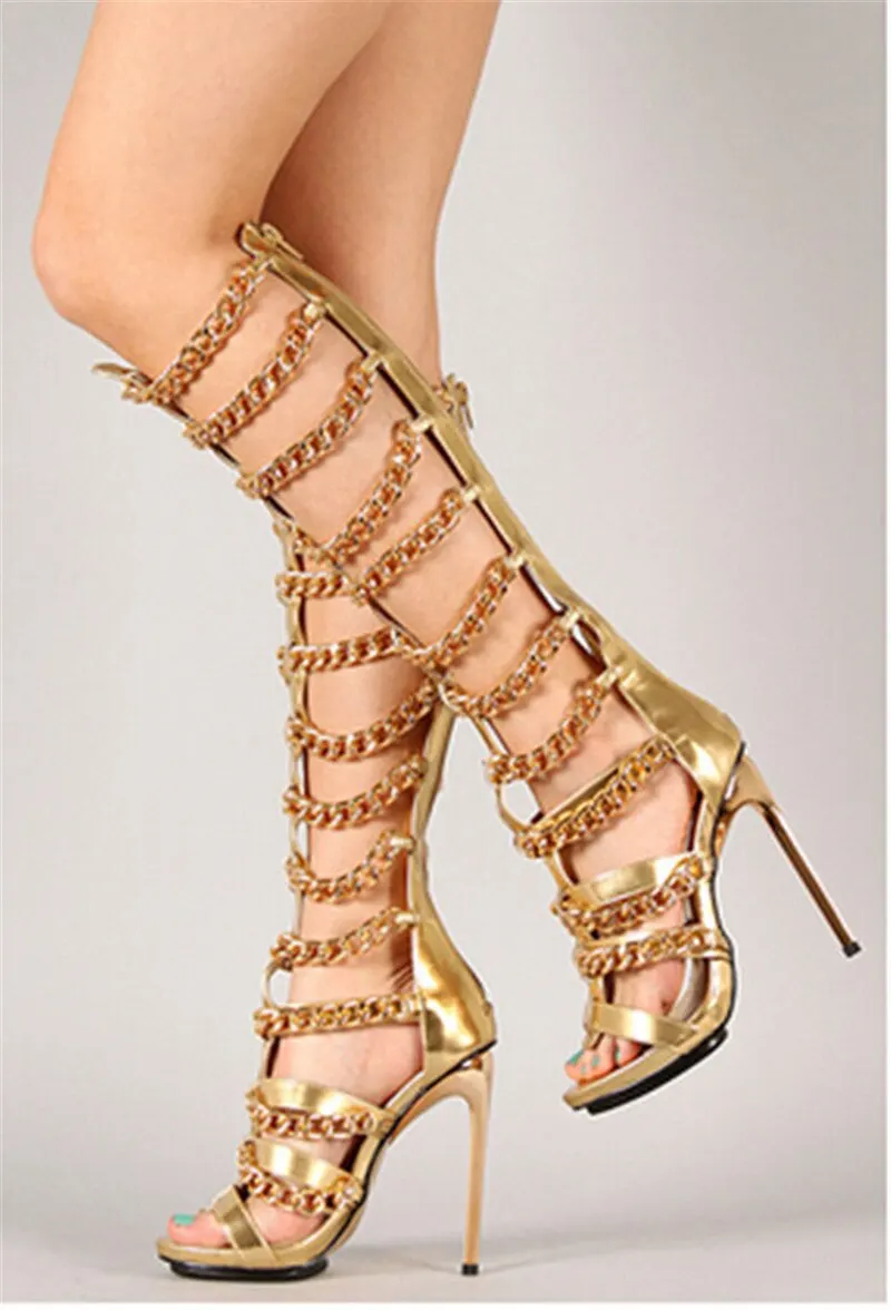 Women 2021 Spring Knee High Boots Sexy Hollow out Sandals Boots Lady Gold Chain Decor Shoes Round toe Thin High Heels