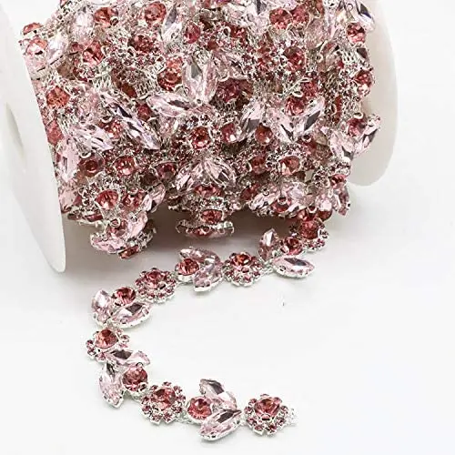 1 Yard Pink Beautiful Sunflowers Leaves Crystal Rhinestone Chain Trimming For Diy Clothes Accessory Dress Belts Jewelry Applique