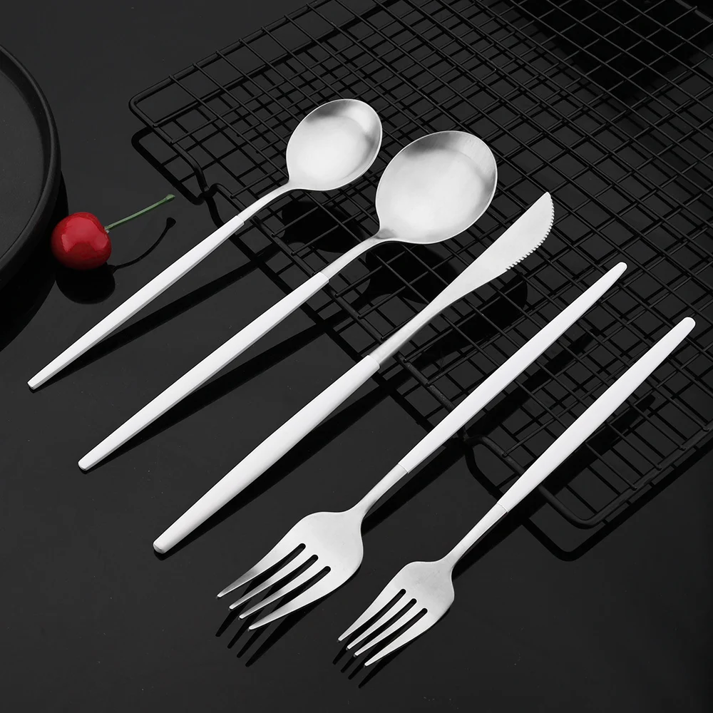 White Silver Matte Stainless Steel Dinnerware Set Dinner Knife Dessert Fork Ice Spoon Cake Fork Coffee Spoon Flaware Cutlery Set