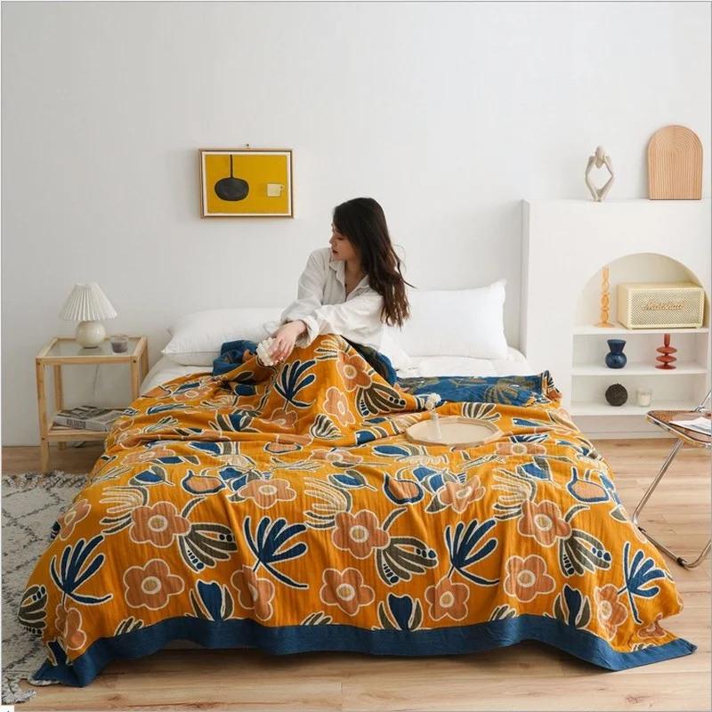 Bohemian Children Adults Cotton Gauze Muslin Travel Blanket Airplane Home Soft Summer Nap Throw Coverlet for Sofa or Bed Yellow