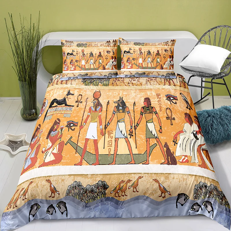 100% Polyester Ancient Egypt Pattern  Digital Printing Bedding Set with Pillowcase Bedding Set Queen Bed Set