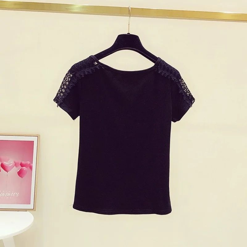 Women Summer Lace Hollow Out Sexy T-Shirt O Neck Beads Tassels Tees New Black Ladies Casual Slim Fit Short Sleeve Tops T-Shirts