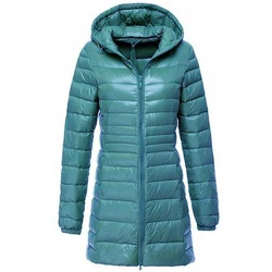 Manteau en duvet de canard à capuche ultra léger pour femme, doudounes longues portables, parkas coupe-vent, 0-10 ℃, 7XL, hiver