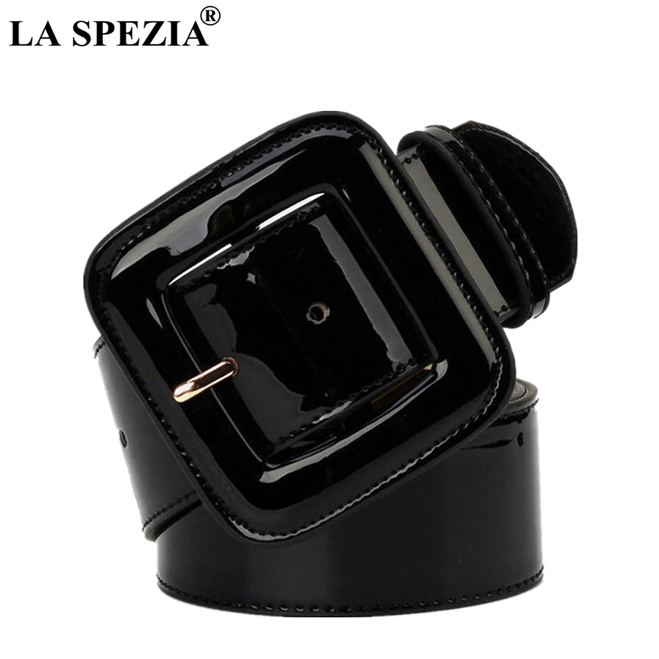 Women Belt Wide Ladies Belts Black Patent Leather Belt Women Genuine Leather Cowhide Fashion Big Buckle Square Belt For Dresses