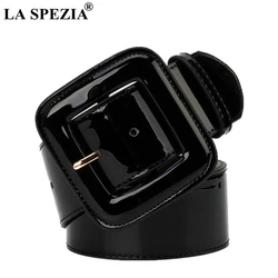 Ceinture en cuir véritable de vache pour femmes, large, noir, verni, mode, grande boucle, carrée, pour robes