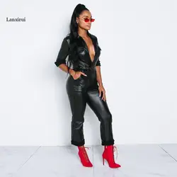 Women Faux Leather Jumpsuit Long Sleeve Pu Deep V Jumpsuit Bodycon Zipper Party Jumpsuit With Belt