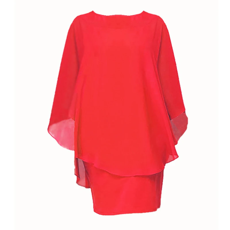Chiffon Dress Women Casual Fashion Fake Two Pieces Batwing Sleeve O-neck Elegant Cape Dress