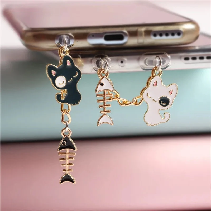 Phone Dust Plug Charm Kawaii Charge Port Plug For iPhone Black White Cat Cute Anti Dust Cap 3.5MM Jack Type C Stopper Pendant