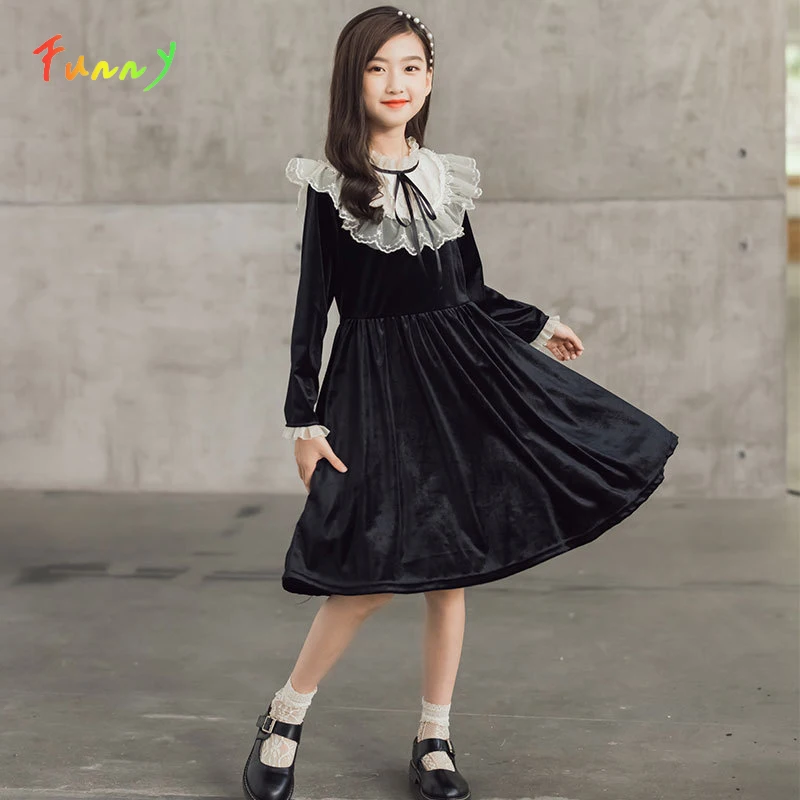 Girls Velvet Dress Lace Patchwork O Neck High Waist Knee Length Lolita Children Dresses Autumn Winter Kids Clothes 6-16 Years