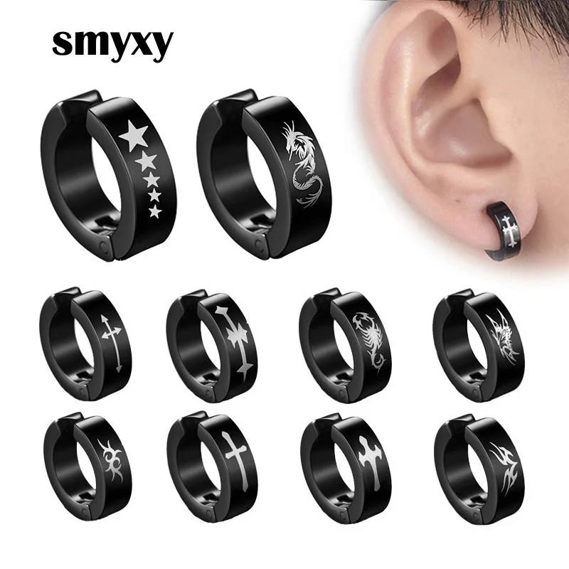 1 pieza Punk pendientes de Clip de oreja de acero inoxidable para hombres y mujeres patrón de estampado negro sin círculo de oreja falso perforado nueva joyería Pop