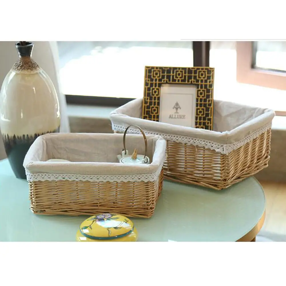 Wicker Basket with Liner Woven Storage Bins Rectangular Shelf  Baskets for Home Bedroom Bathroom Organizing Natural Brown