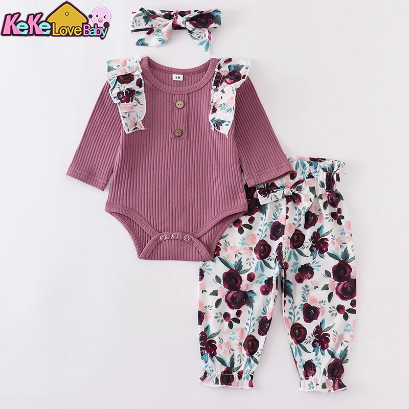 

3Pcs Autumn Baby Girl Clothes Set Fashion Ruffle Knitting Purple Romper Floral Pants Headband For Newborn Infant Toddler Outfit