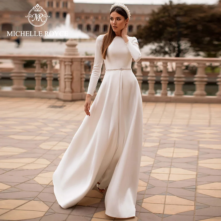

Michelle Royce New Arrival Beading Button Backless Chapel Train Bridal Gowns Vestido De Noiva