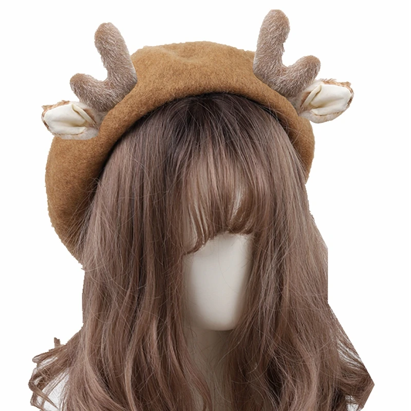 Sweet Women Hat Beret Wool Cute Deer Ears Winter Christmas Lolita Head Wear