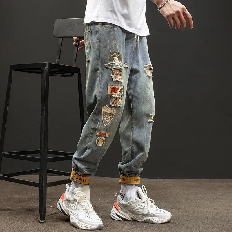 Ripped Jeans Men's Loose Cropped Trousers with Elastic Waist and Workwear Casual Trousers Jeans for Men
