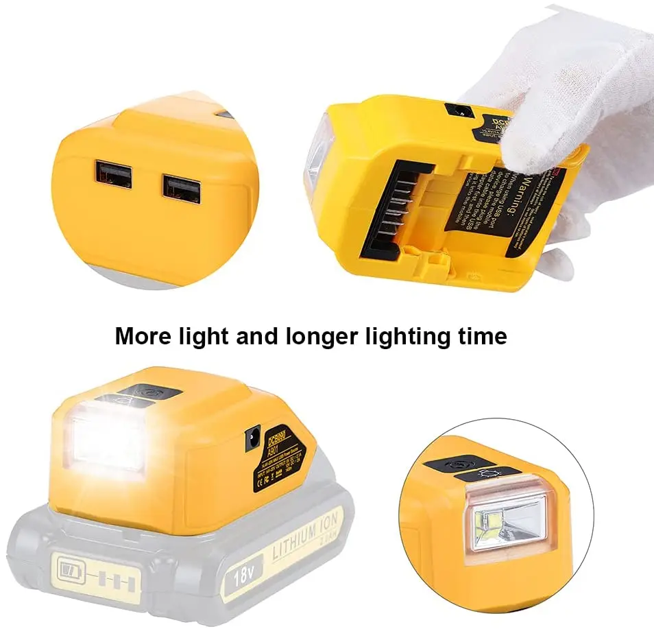 Adapter LED Light Working Lamp USB Mobile Phone Charger DC 12V Output For Dewalt 14.4V 18V Li-ion Battery DCB140 DCB183 DCB203