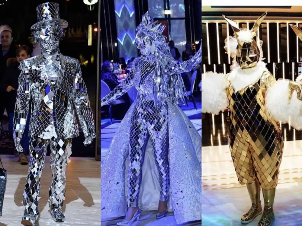 Good quality sparkly silver mirror costume men women party music festival parade glass clothing performance men suit Stage show