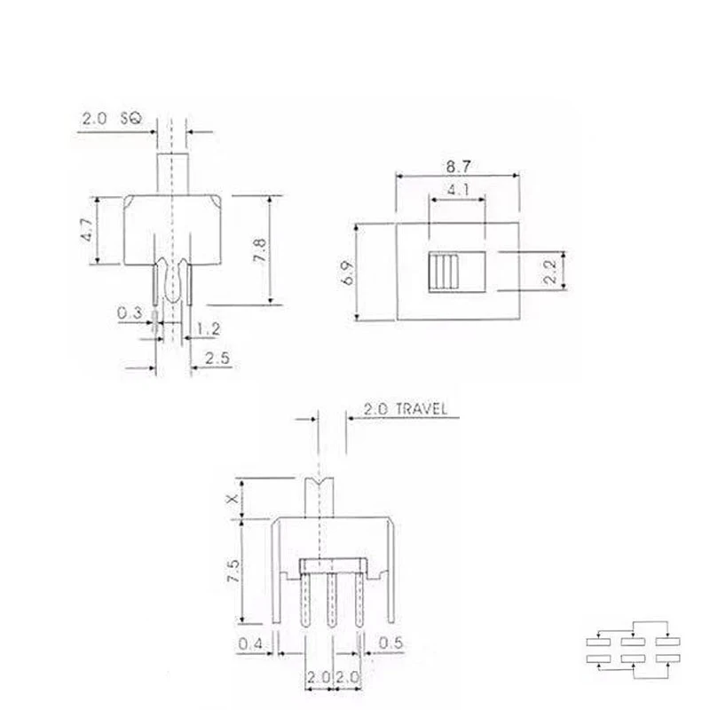 10Pcs SS22D07สลับสวิทช์สวิทช์มินิสไลด์6pin