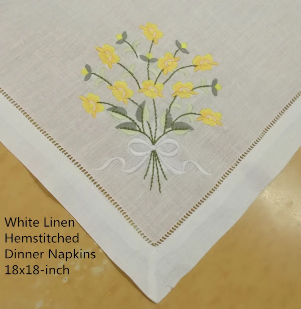 Lot de 12 serviettes de Table en lin blanc, cousues, à la mode, avec couleur brodée, motifs floraux, pour mariage, 18x18 pouces