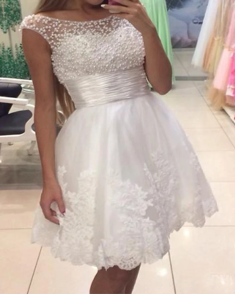 Robe De mariée courte en dentelle et perles blanches, col rond, ceinture, Simple, luxueuse, 2020