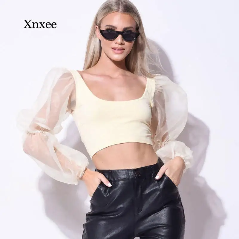 2019 Autumn Spring Puff Long Sleeve Mesh Cotton Patchwork V Neck T Shirts Short Crop Top Tees