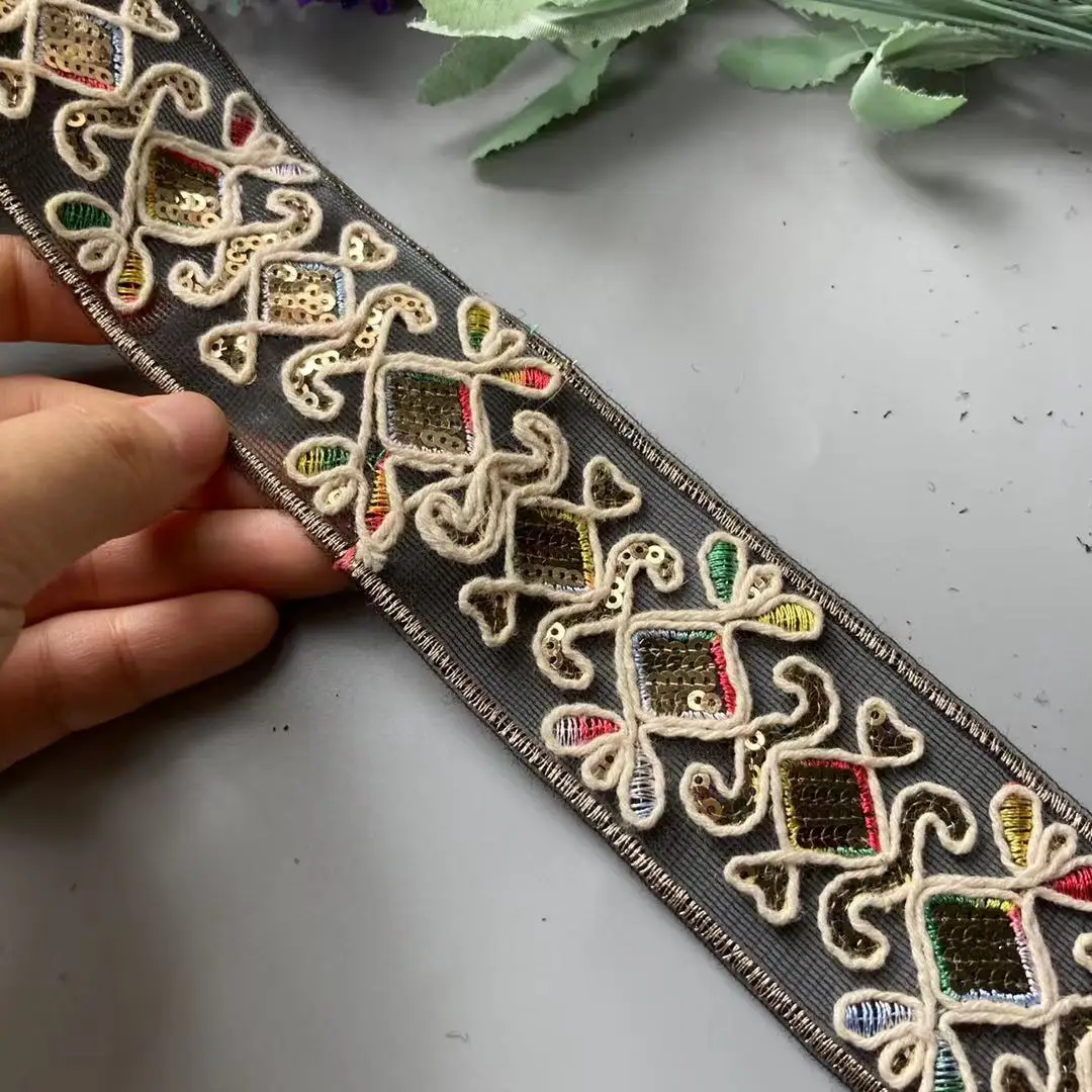 Afbeelding 7: 1 yards kanten versieringen 50 mm veelkleurig etnisch draad mesh pailletten singels lint tape schoenen jurk decoratief geborduurd doe-het-zelf naaien