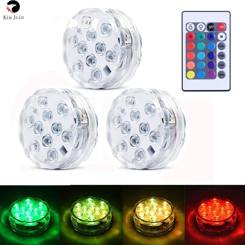 Luz sumergible RGB con control remoto para jardín, lámpara nocturna subacuática con batería, 10 Led, parpadeante con diferentes colores