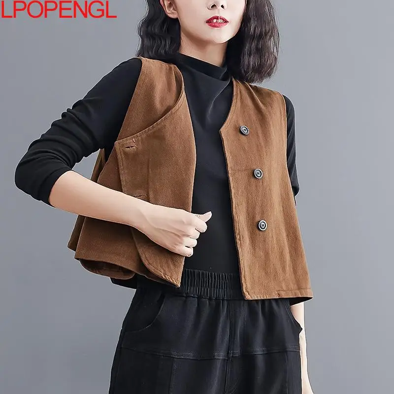 New Women Loose Vest Cotton V-neck sleeveless Button Solid Color Casual Coat 2024 Spring Korean Vintage Simple Cozy Vest Top