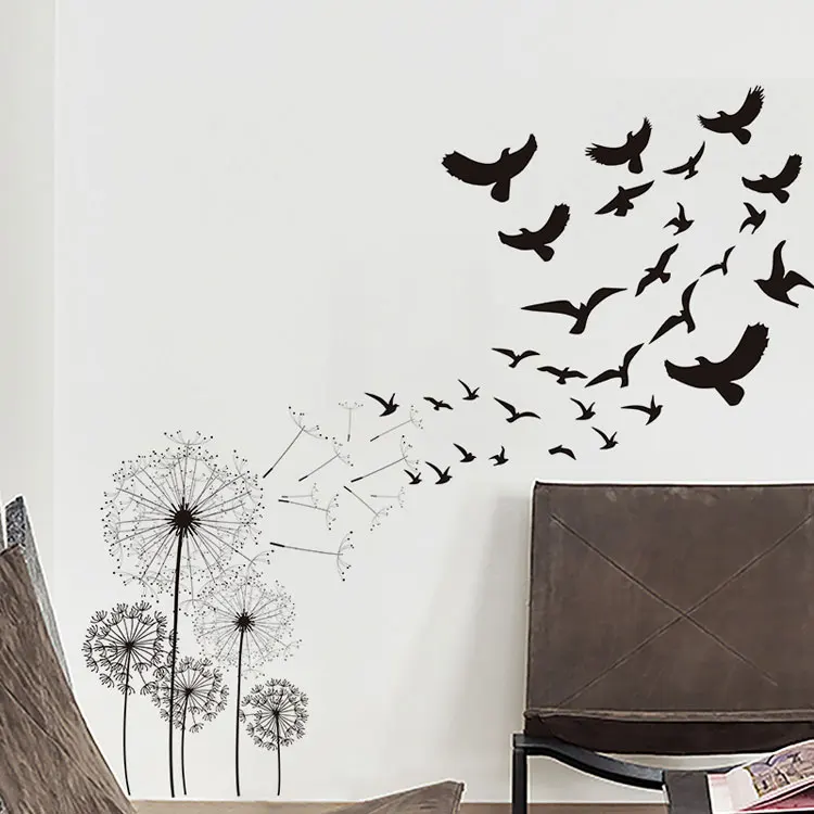 Kreative Wandsticker mit Motiven von Löwenzahn und fliegenden Vögeln, zur Dekoration von Wohnzimmern, als Hintergrund für Sofas, als Wandbild, für Schlafzimmer und zur Gestaltung von Wohnräumen, abnehmbare Tapete. – Detail 6