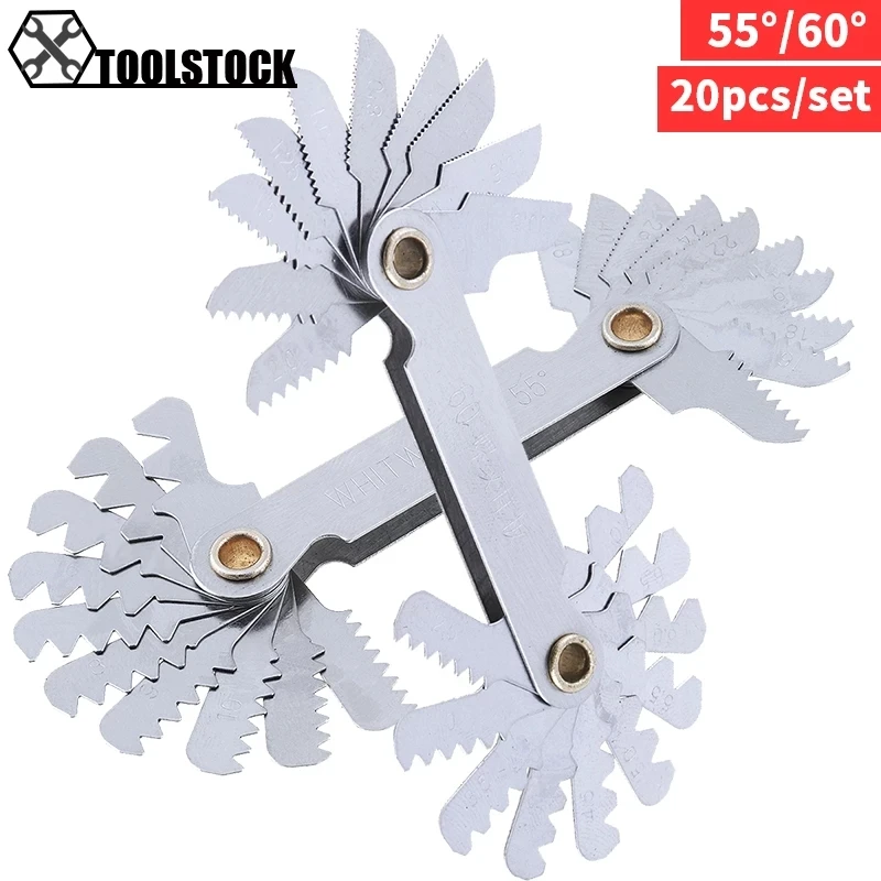 55/60 Degree Thread Plug Gauge Metric Inch Gear Tooth Carbon Steel Measuring Tool 20 Blades Screw Pitch Gauges