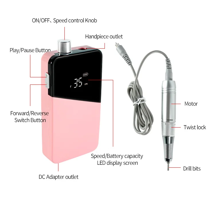Perceuse à ongles électrique portable, aste, sans fil, ensemble de manucure et pédicure, équipement pour ongles, nouveauté, 2020 tr/min, 35000
