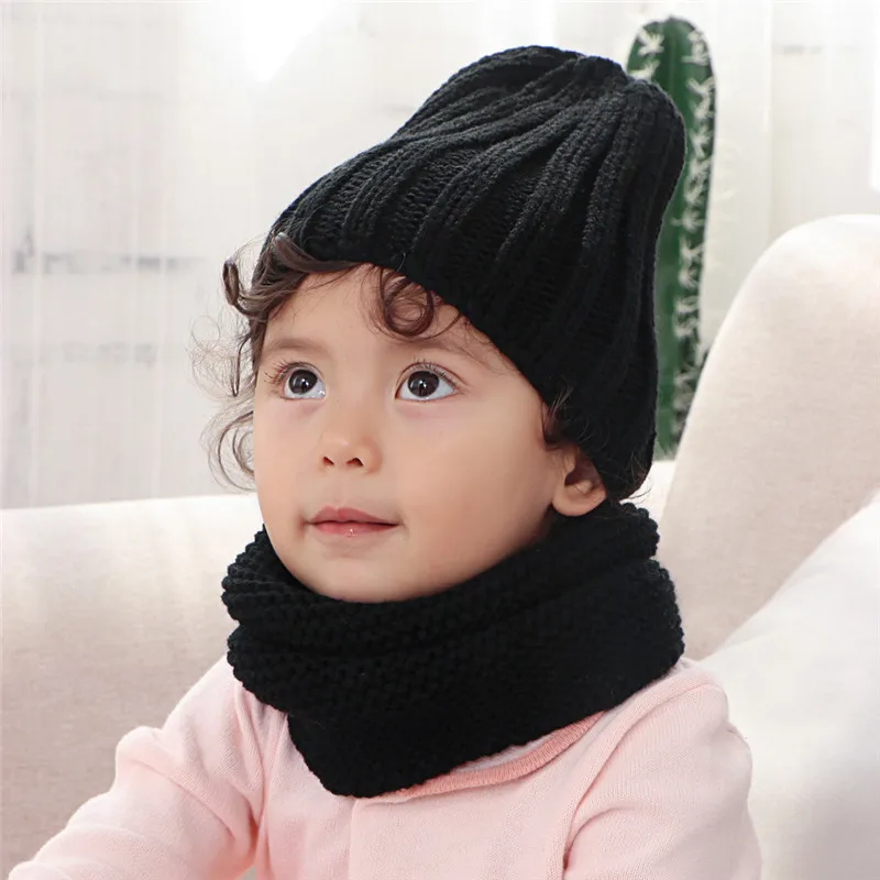 2024 NEW hat and scarf for children solid acrylic kids hat with a scarf knit girls boy hats scarves set winter accessories