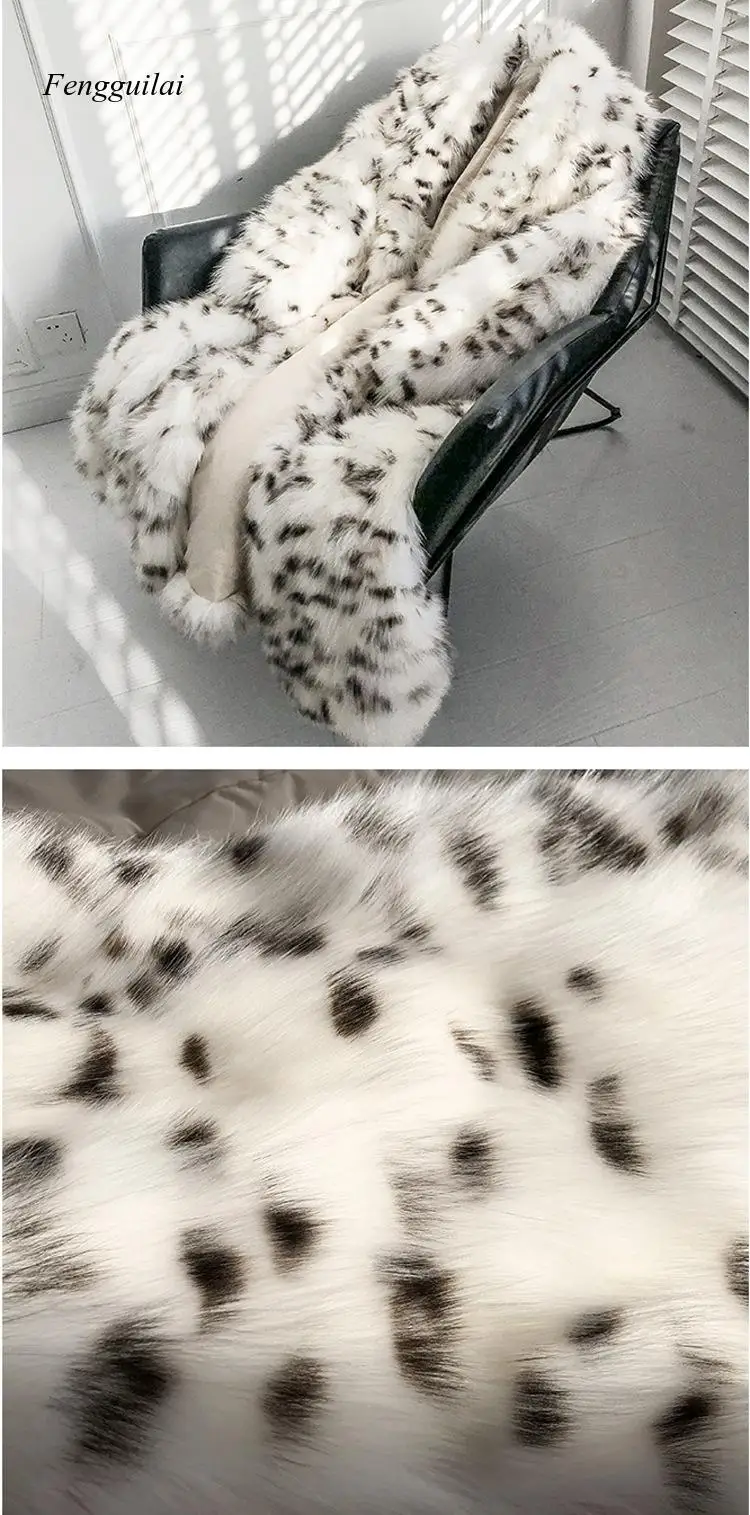 Women's Fur Coat Imitation Fox Fur Coat Black Spot Leopard Print Long Size Warm In Winter